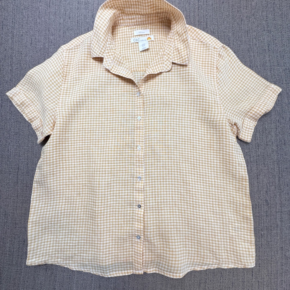 C&C California Womens Yellow Gingham 100% Linen Short Sleeve Button Down Shirt M